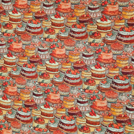 A repeating pattern of illustrated layered cakes and desserts in warm reds, oranges, creams, and browns on a light gray background.