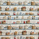 A repeating pattern of rustic shelves filled with woven baskets, bread loaves, jars of fruit and preserves, flowers, and small blue-and-white check fabrics on a light background.