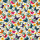 A repeating floral and butterfly pattern on a warm off-white background, featuring colorful butterflies in blue, purple, orange, yellow, and pink with green leaves and small white, yellow, and pink flowers.