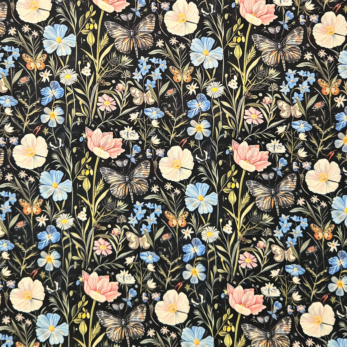 A dense botanical and insect pattern on a black background, featuring cream, light blue, pink, and yellow flowers with butterflies.