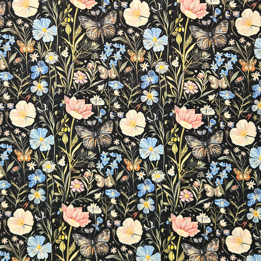 A dense botanical and insect pattern on a black background, featuring cream, light blue, pink, and yellow flowers with butterflies.
