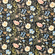 A dense botanical and insect pattern on a black background, featuring cream, light blue, pink, and yellow flowers with butterflies.