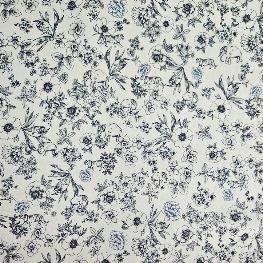 COTTON - Florals and Jungle Animals on White