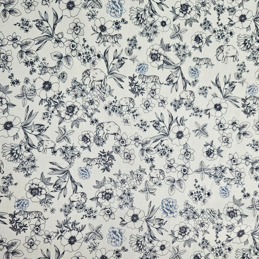 COTTON - Florals and Jungle Animals on White