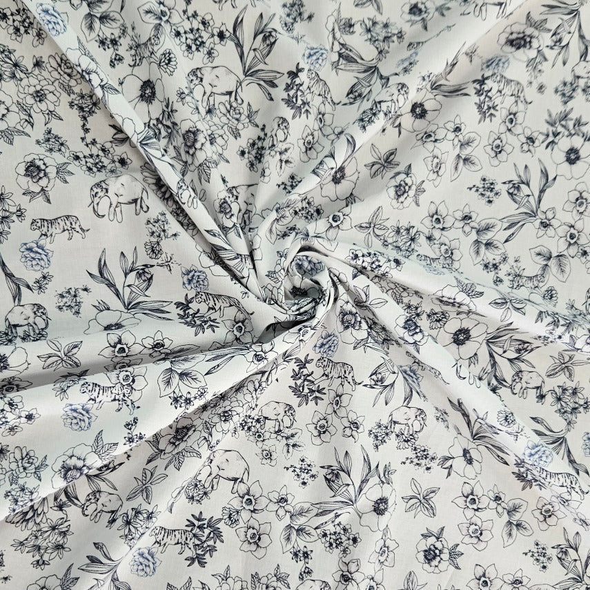 COTTON - Florals and Jungle Animals on White
