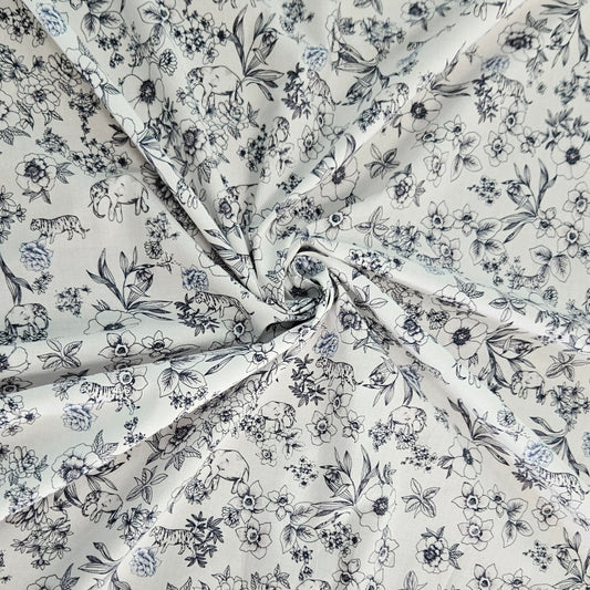 COTTON - Florals and Jungle Animals on White