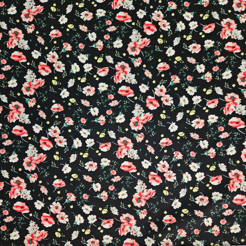 COTTON - Red Poppies on Black