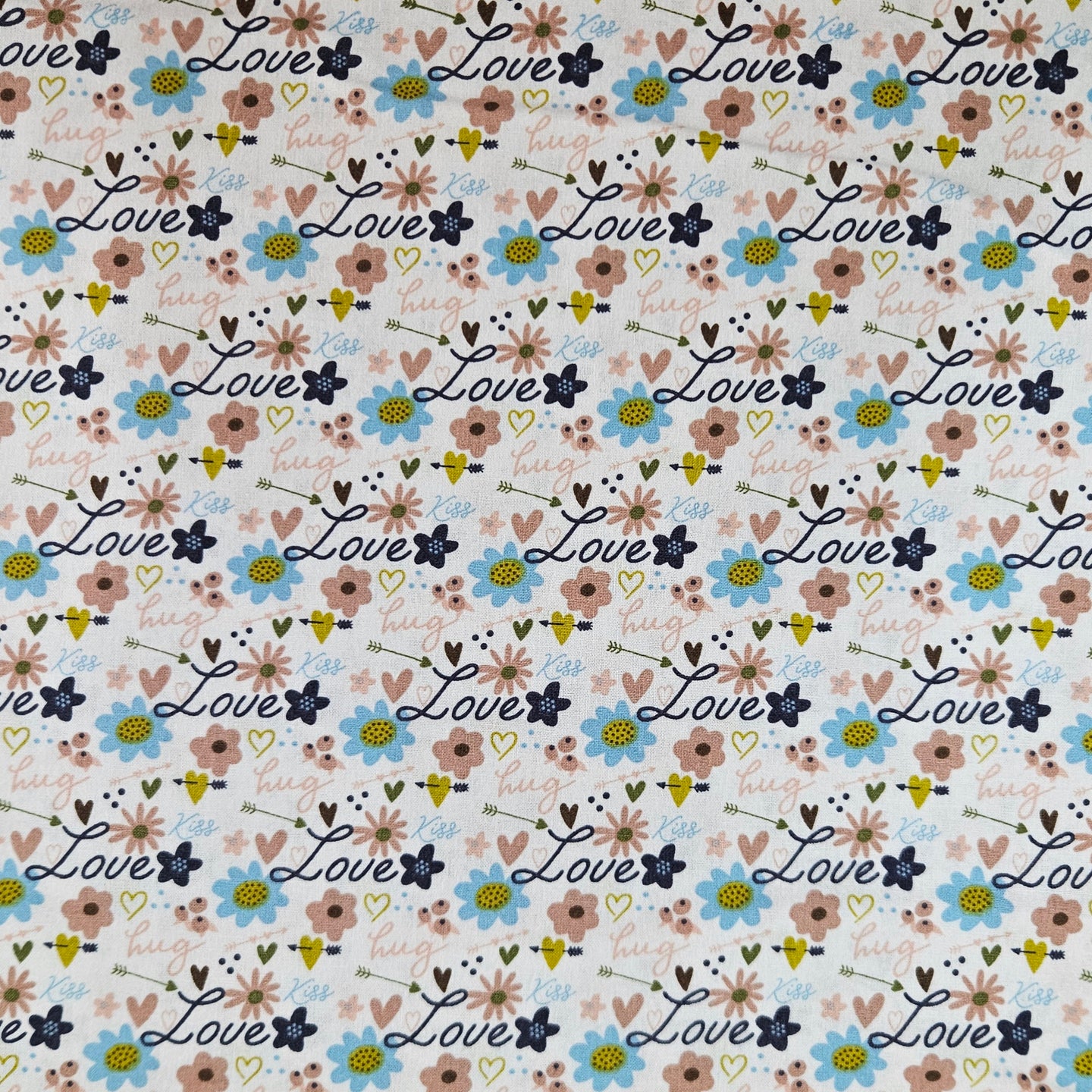 Pattern with flowers, hearts, and the word 'love' on a light background