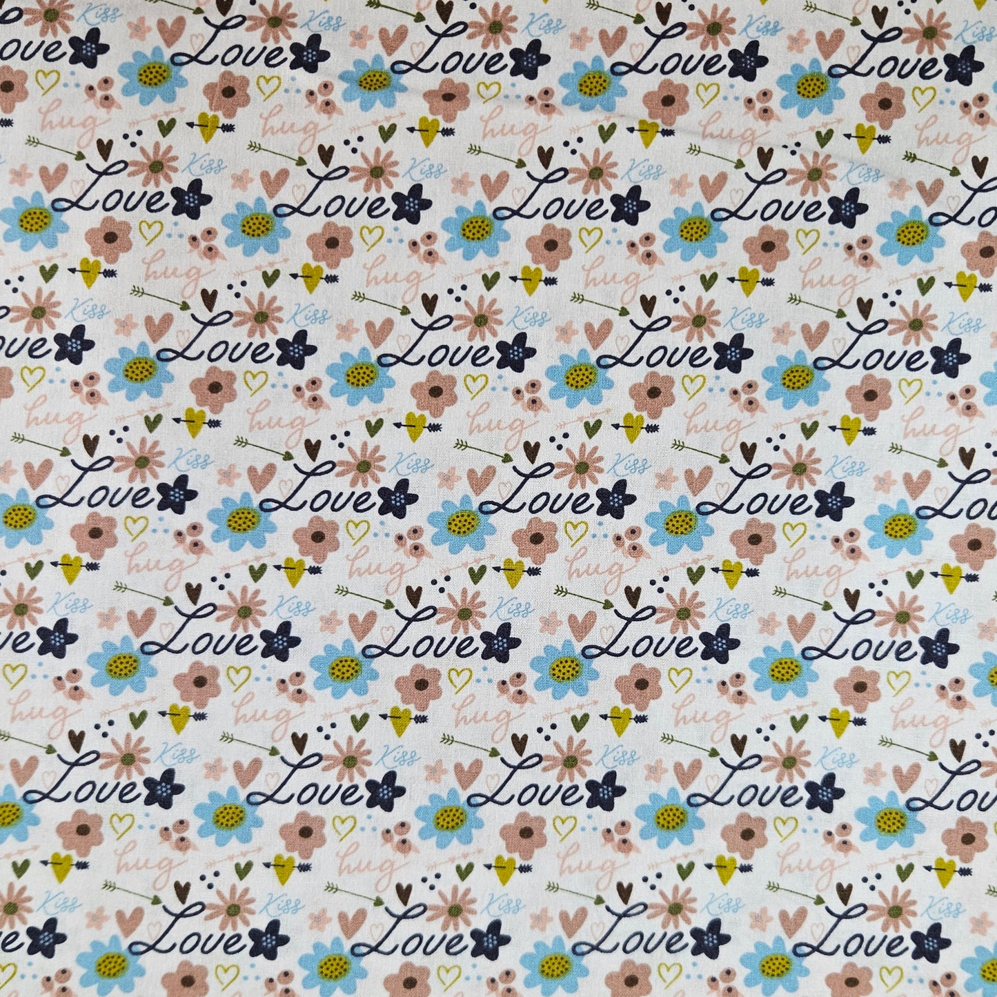 Pattern with flowers, hearts, and the word 'love' on a light background