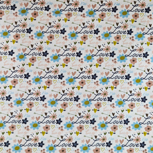 Pattern with flowers, hearts, and the word 'love' on a light background