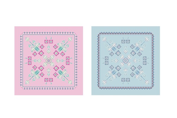 Two patterned bandanas, one pink and one blue, on a white background.