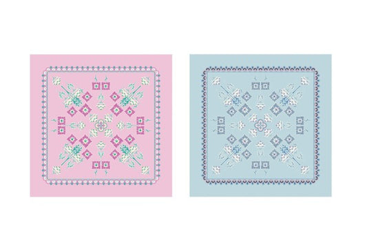 Two patterned bandanas, one pink and one blue, on a white background.