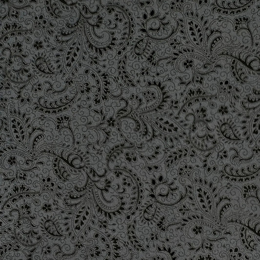 Dark gray and black paisley patterned fabric texture with an intricate repeating ornamental design.