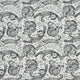 A seamless black and white pattern featuring whimsical cartoon cats in various playful poses, decorated with intricate doodle-style patterns, stars, hearts, and crescent moons.