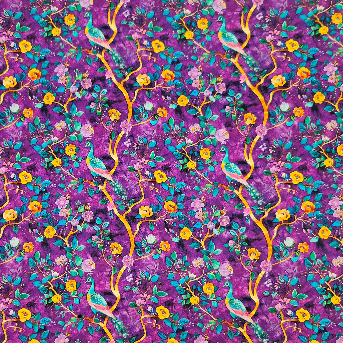 Peacocks - Gold Branches on Dark Purple 7819
