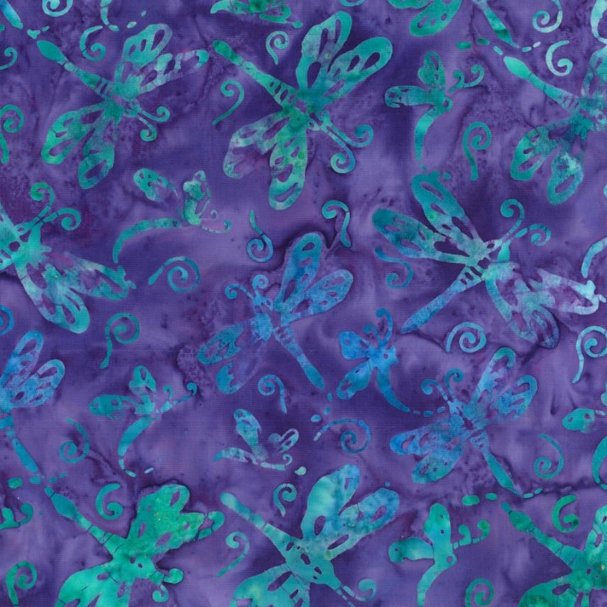 Batik Quilt Backing - 2186 Dragonflies Green on Purple