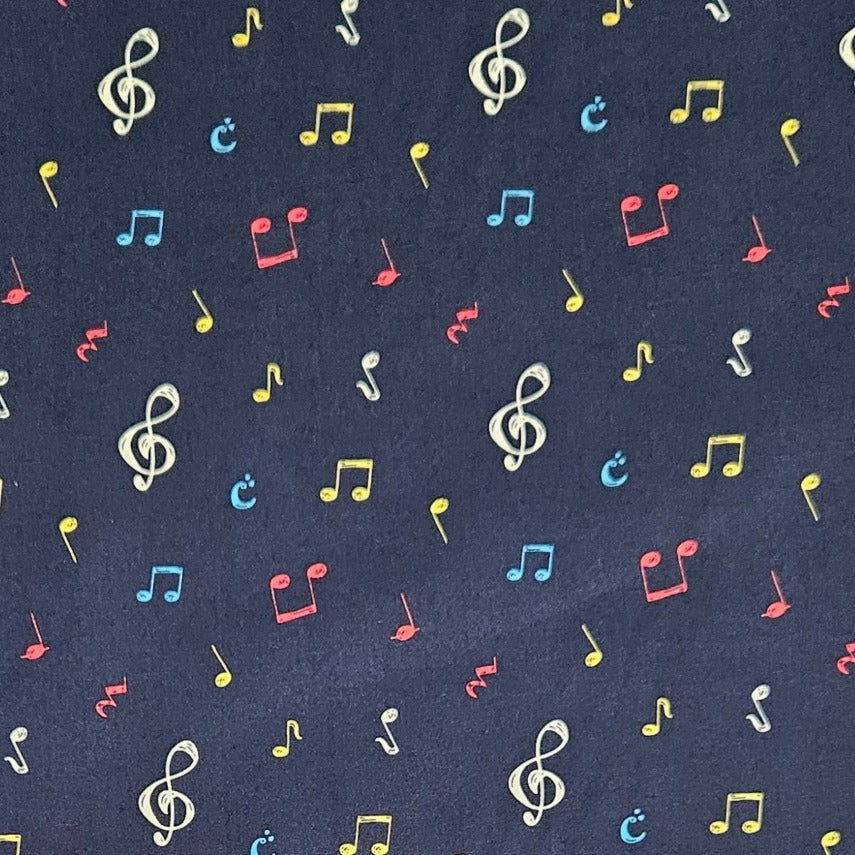 Pattern of musical notes on a dark blue background