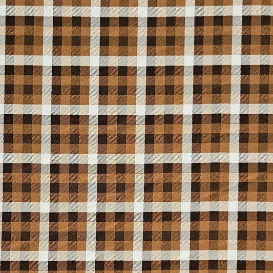 A close-up of a buffalo plaid fabric pattern featuring alternating blocks of brown, black, and white.