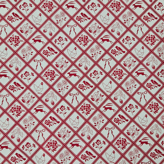 A repeating red and white geometric pattern featuring diamond-shaped tiles with floral motifs, ribbons, and small decorative illustrations.