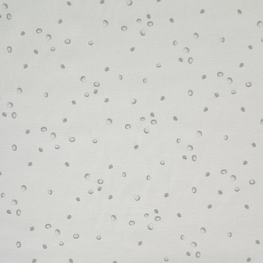 A close-up of a light gray fabric or wallpaper pattern featuring small, scattered hand-drawn gray mushrooms on a textured off-white background.