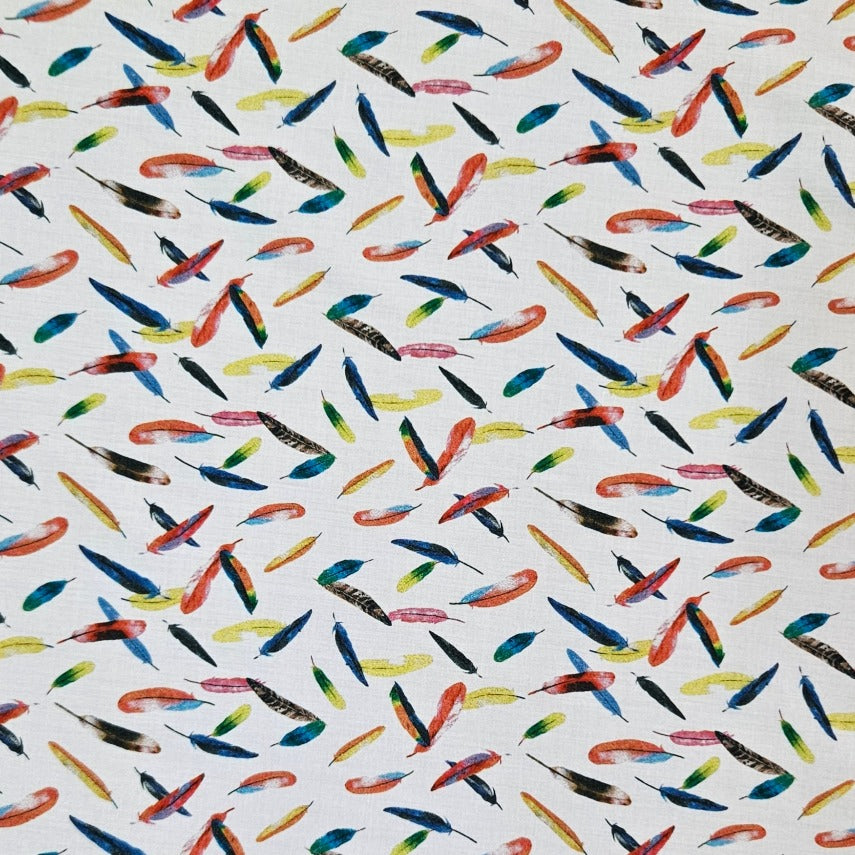 Swiss Cotton - Colourful Feathers on White