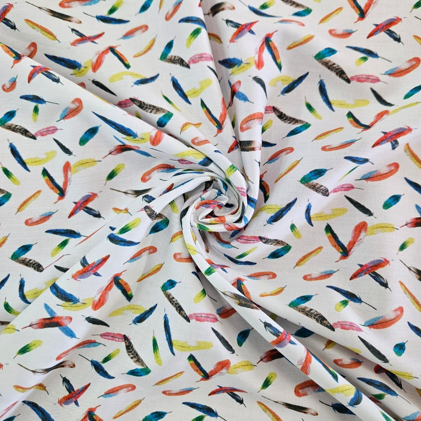 Swiss Cotton - Colourful Feathers on White