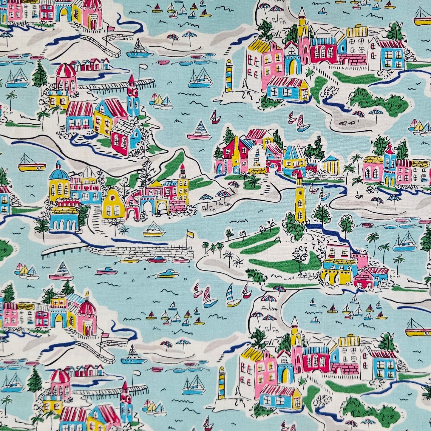 Colorful illustrated map of a coastal town with buildings, boats, and landscapes.