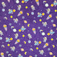 Purple fabric with a repeating cartoon space print featuring rockets, puppy astronauts, planets, stars, and crescent moons.