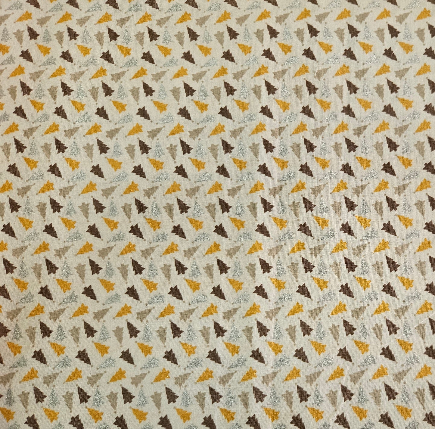 Patterned Fabric with Small Christmas Trees in Brown, Gold, Beige and Shiny Silver.