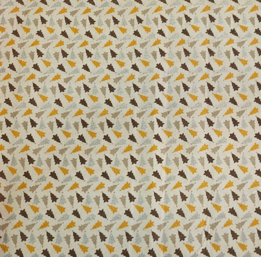 Patterned Fabric with Small Christmas Trees in Brown, Gold, Beige and Shiny Silver.